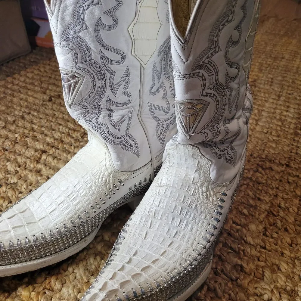 White Diamonds Crocodile Skin Leather Western Cowboy Boots White Bling 8.5 Men's